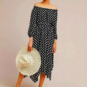 Anthropologie polka dot long sleeves Off The Shoulder Dress Maeve black . XS